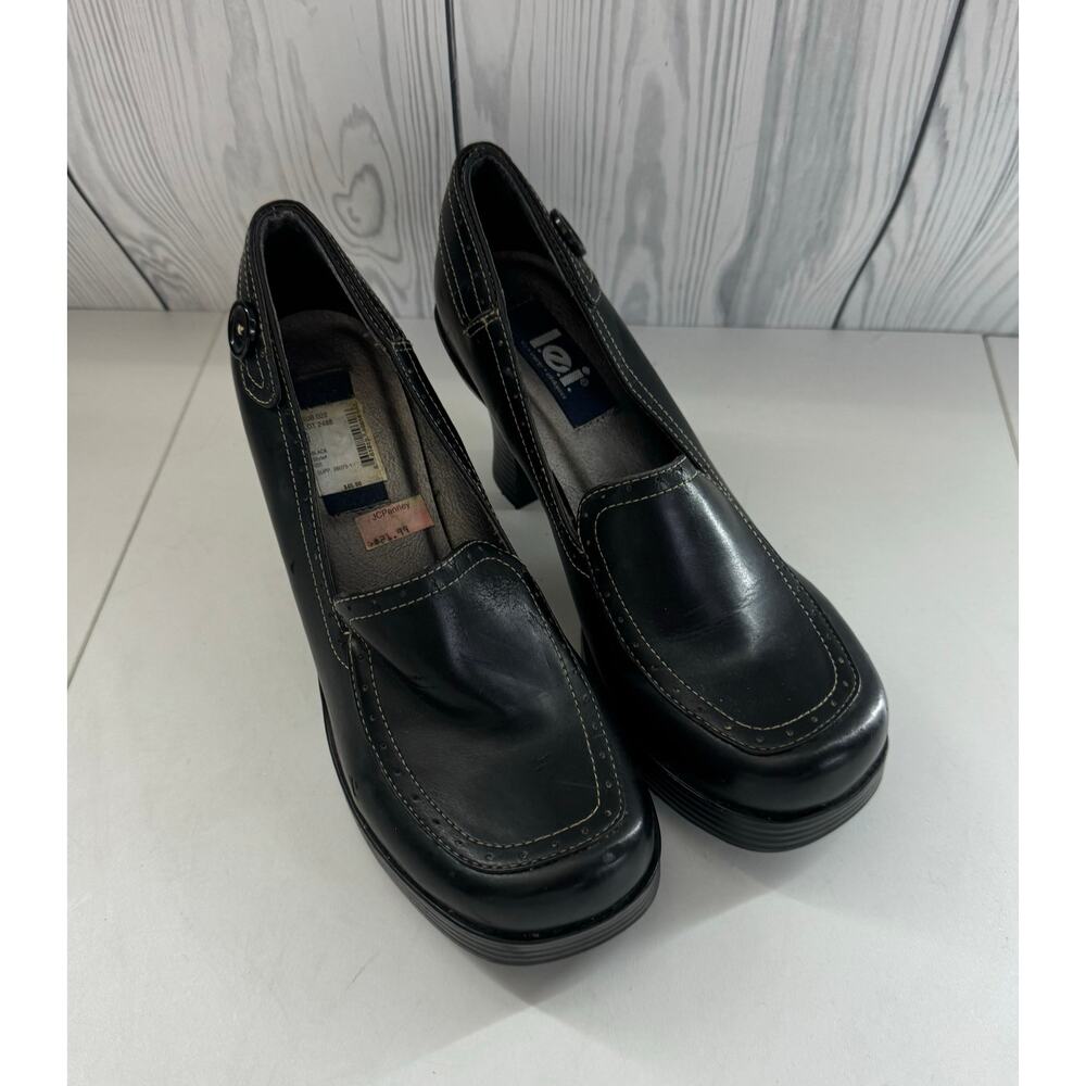 Vtg 90s Y2K lei Size 9 Loafer Heels Shoes Black Platform Leather Chunky